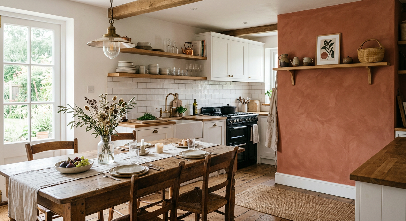 Kuchnia z terakotową ścianą, drewnianym stołem i białymi kafelkami metro — styl śródziemnomorski