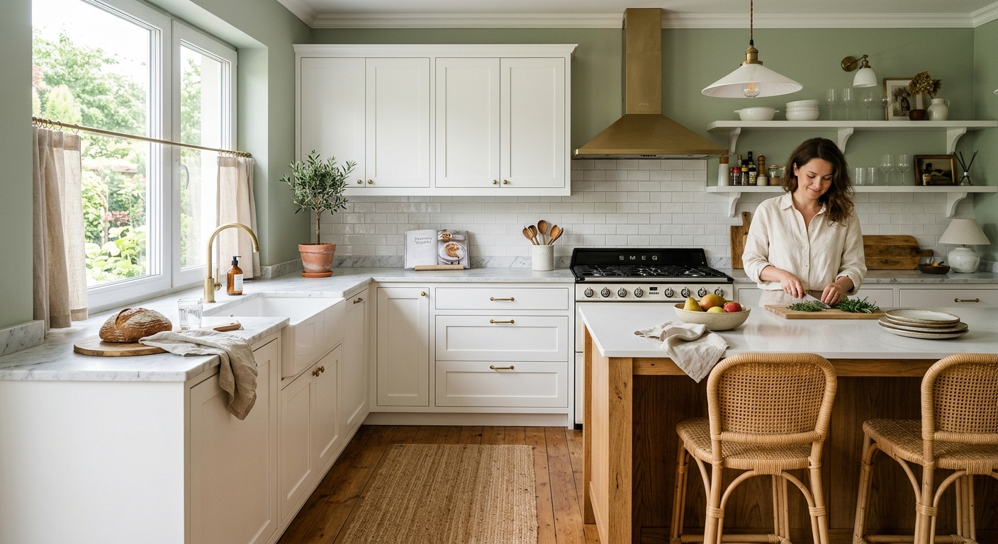 Nowoczesna kuchnia z kolorowymi ścianami — widok ogólny, naturalne światło wpadające przez okno