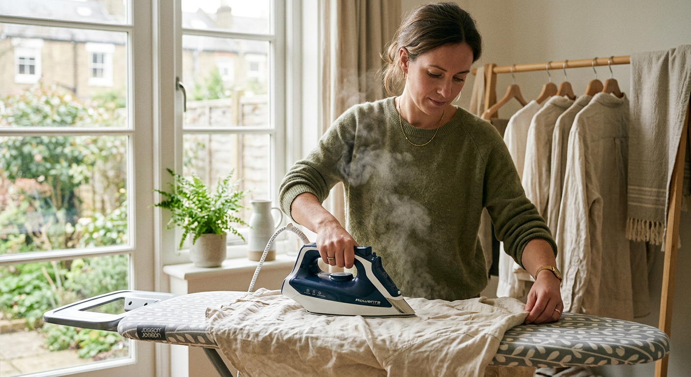 Prasowanie lnianej koszuli żelazkiem parowym wygładzającym zmarszczki