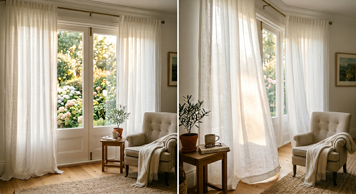 Lniane zasłony w miękkim białym kolorze w jasnym i przestronnym salonie
