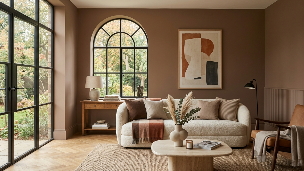 Modne kolory ścian 2026 — wnętrze w odcieniu mocha mousse