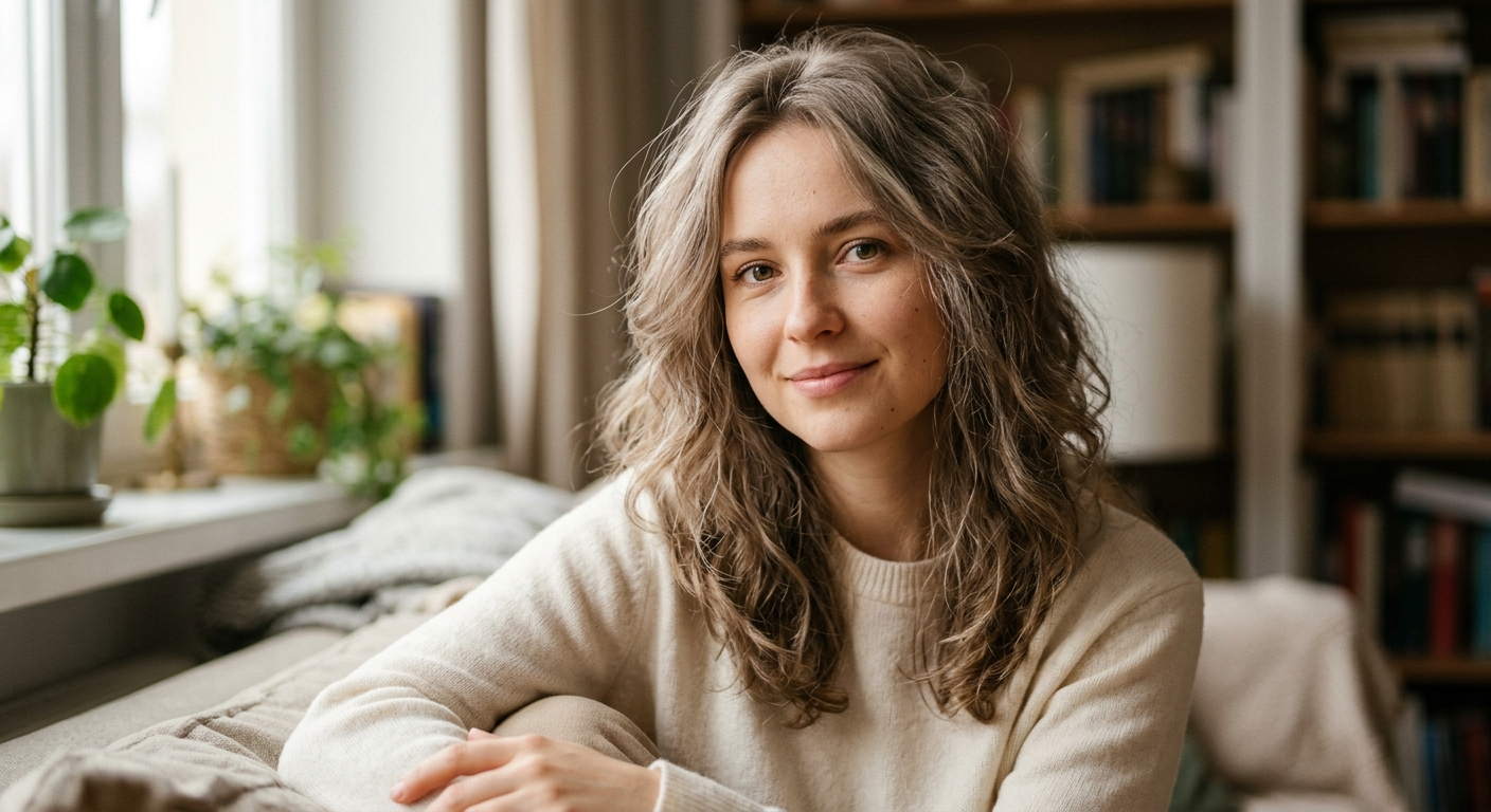 Portret kobiety z naturalnie mysimi włosami, delikatny popielato-beżowy odcień, miękkie światło