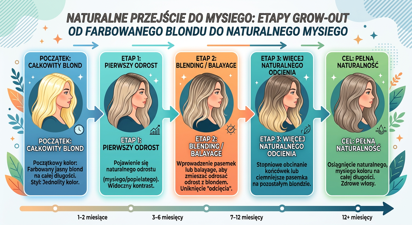 Schemat naturalnego przejścia do mysiego: etapy grow-out od farbowanego blondu do naturalnego mysiego