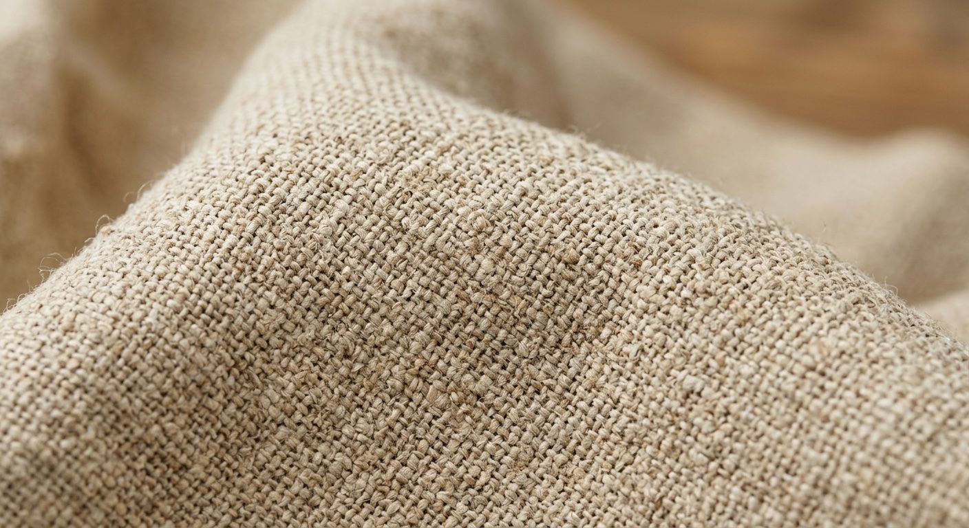 Naturalna tkanina lniana w kolorze owsianym złożona na drewnianym stole