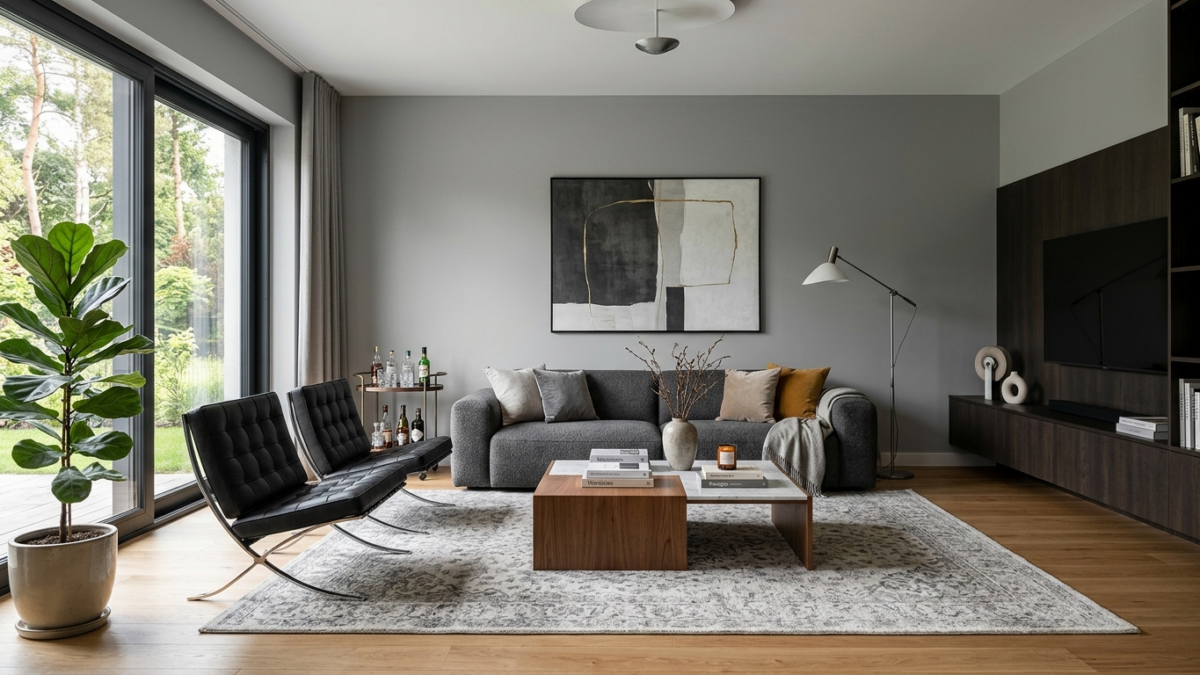 Nowoczesny salon z szarymi ścianami i designerskimi meblami