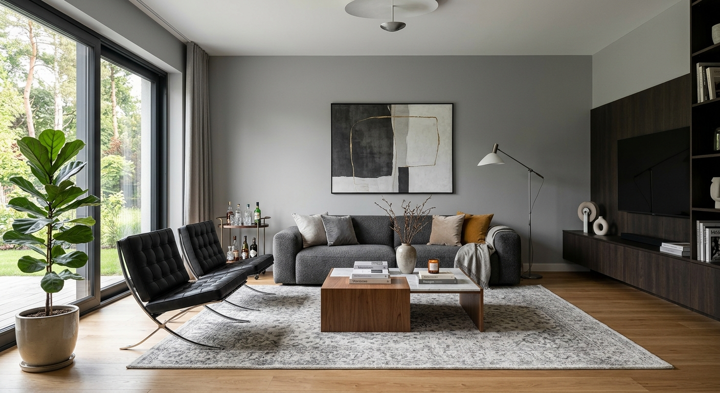 Jasny, przestronny salon z kolorowymi ścianami — widok ogólny, naturalne światło