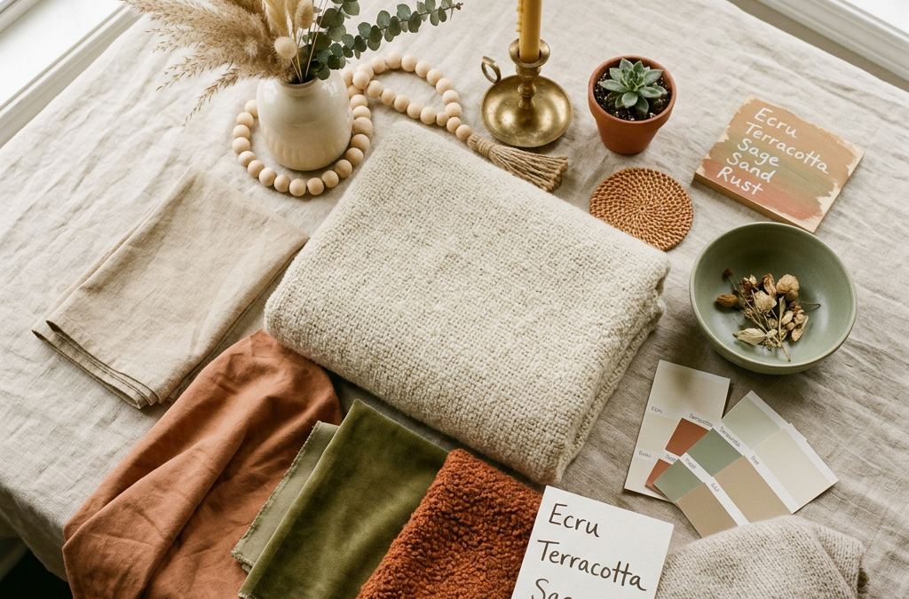 Paleta kolorów pasujących do ecru — tkaniny i dekoracje