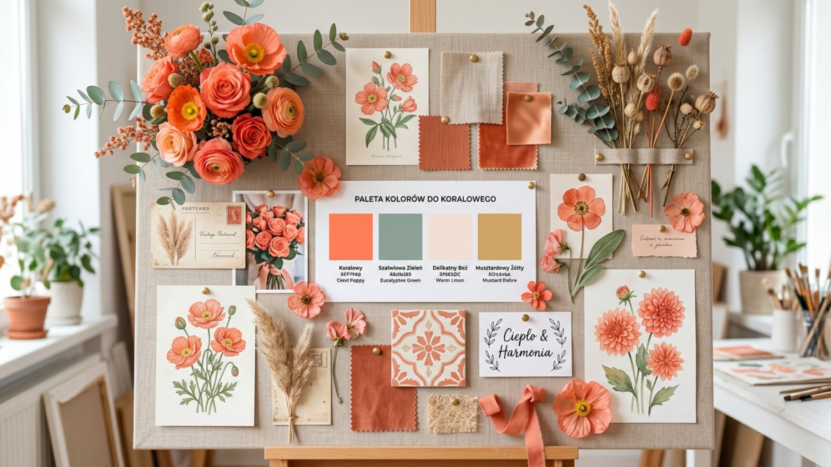 Paleta kolorów pasujących do koralowego — mood board z kwiatami