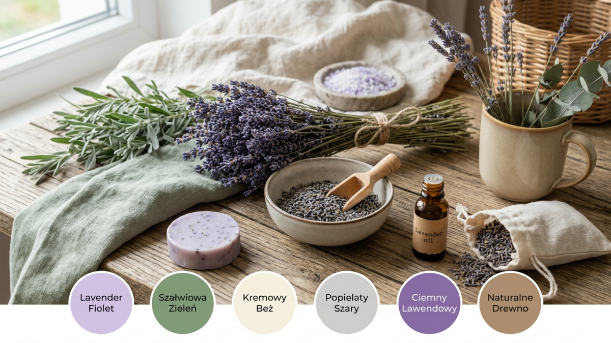 Paleta kolorów pasujących do lawendowego — lawenda i akcesoria
