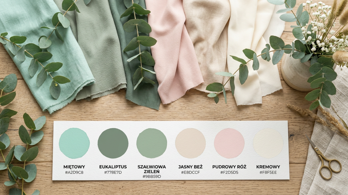 Paleta kolorów pasujących do miętowego — tkaniny i eukaliptus