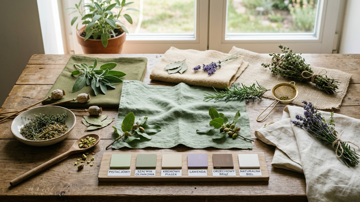 Paleta kolorów pasujących do pistacjowego — tkaniny i zioła