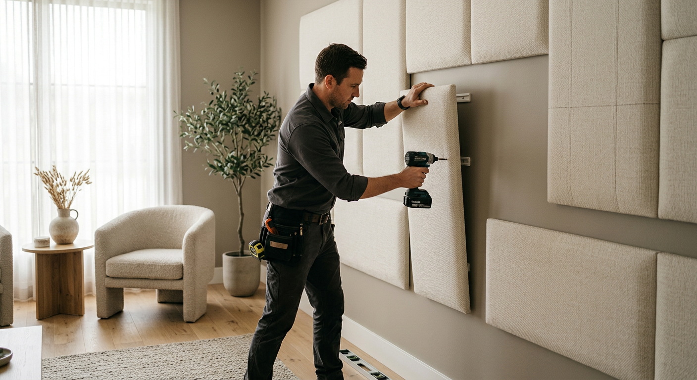 Montaż gotowych paneli tapicerowanych na ścianie sypialni z użyciem poziomnicy