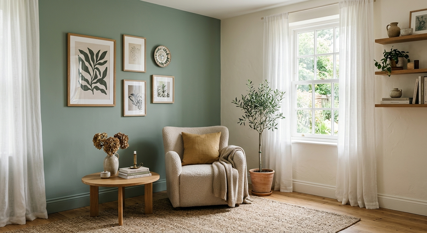 Pokój z dwoma kolorami ścian — jasny kolor dominujący i ciemna ściana akcentowa, widok ogólny