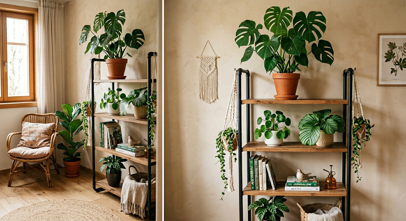 Modnie zaaranżowany kąt z popularnymi roślinami — monstera, pilea, hoya, calathea — na regale z drewna i metalu, styl boho/skandynawski