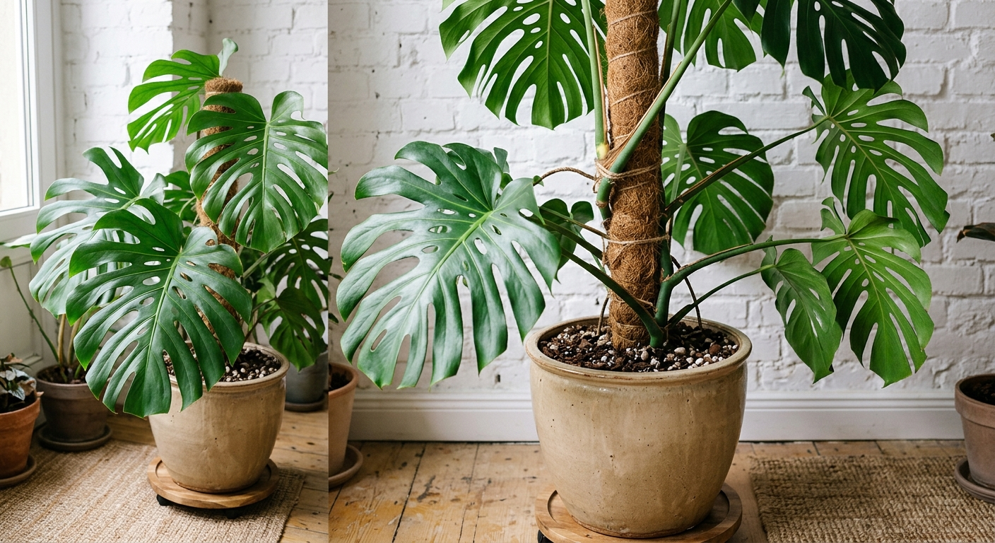 Monstera deliciosa z dużymi, wyraźnie fenestowanymi liśćmi na paliku kokosowym, w ceramicznej donicy na tle białej ściany