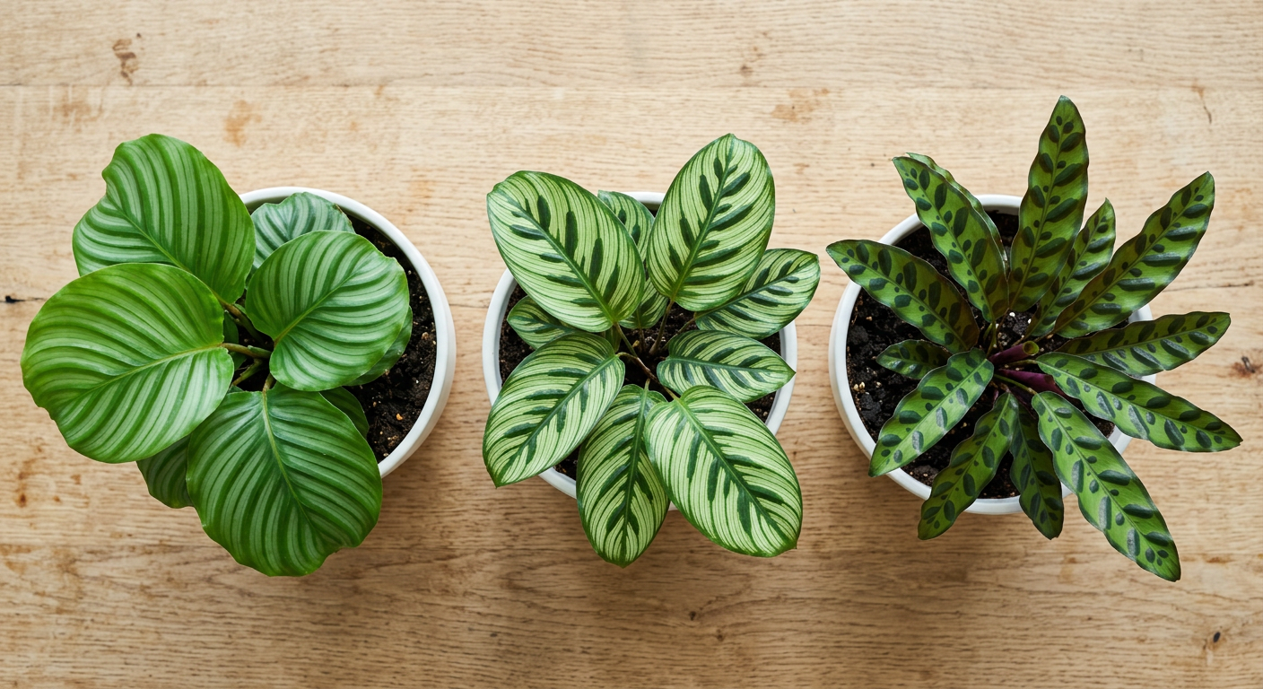 Kolekcja trzech calathei — orbifolia, makoyana i lancifolia — w identycznych białych doniczkach, widok z góry pokazujący wzory na liściach
