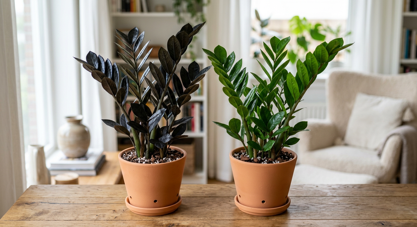 Zamiokulkas Raven z ciemnymi liśćmi obok standardowego zielonego zamiokulkasa — kontrast odmian w identycznych donicach