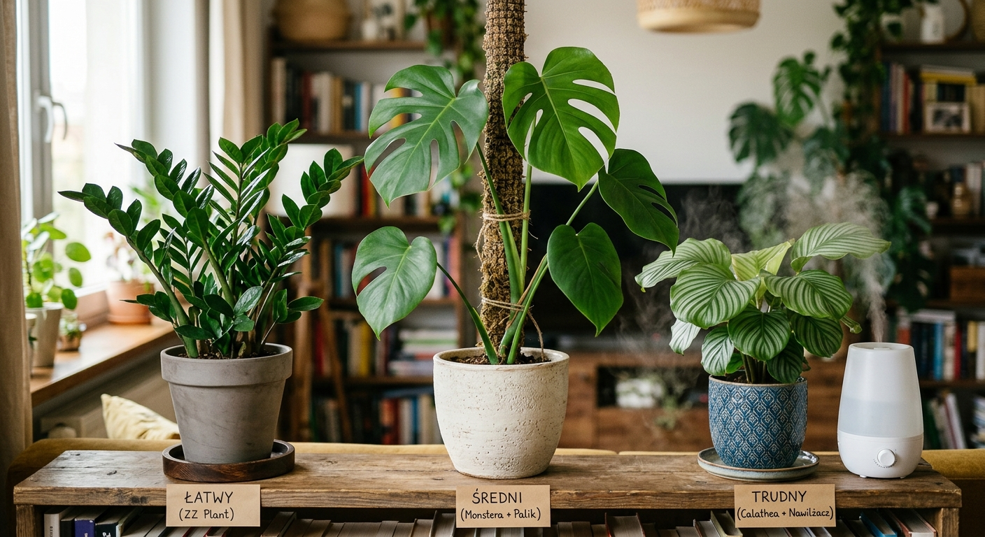 Trzy poziomy trudności — od lewej: zamiokulkas w prostej doniczce (łatwy), monstera na paliku (średni), calathea z nawilżaczem (trudny)