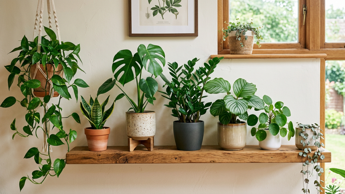 Kolekcja popularnych roślin doniczkowych na drewnianej półce