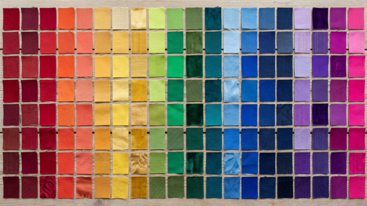 Próbki różnych tkanin ułożone w gradient kolorów