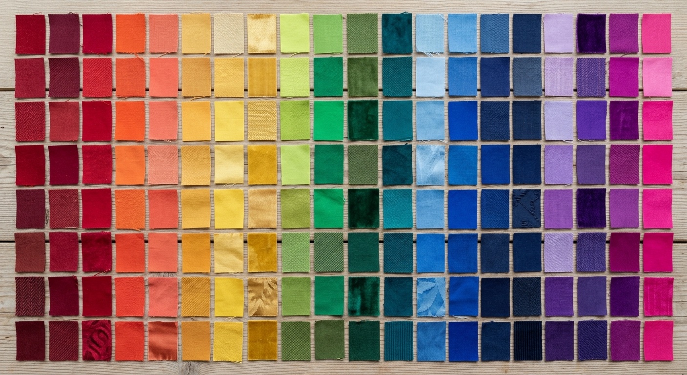 Kolekcja tkanin naturalnych — bawełna, len, jedwab i wełna ułożone na marmurze