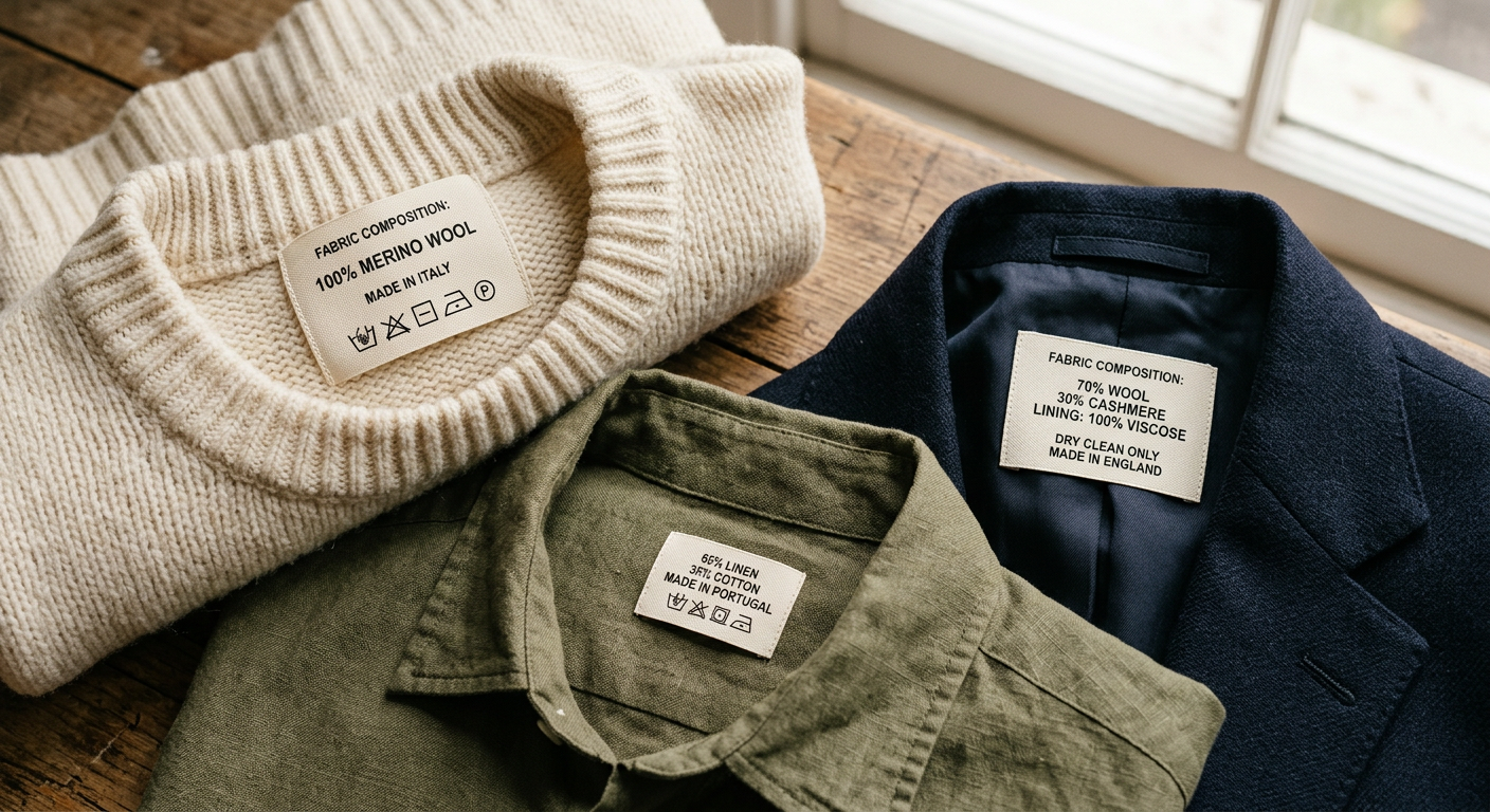 Metki odzieżowe pokazujące skład procentowy tkanin mieszanych