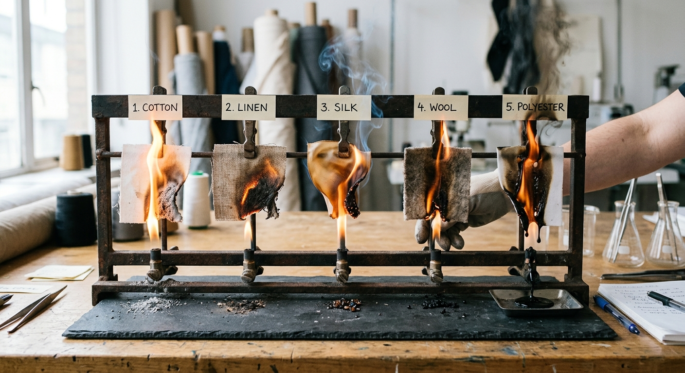 Test spalania tkanin pokazujący charakterystyczne wzory palenia się różnych włókien