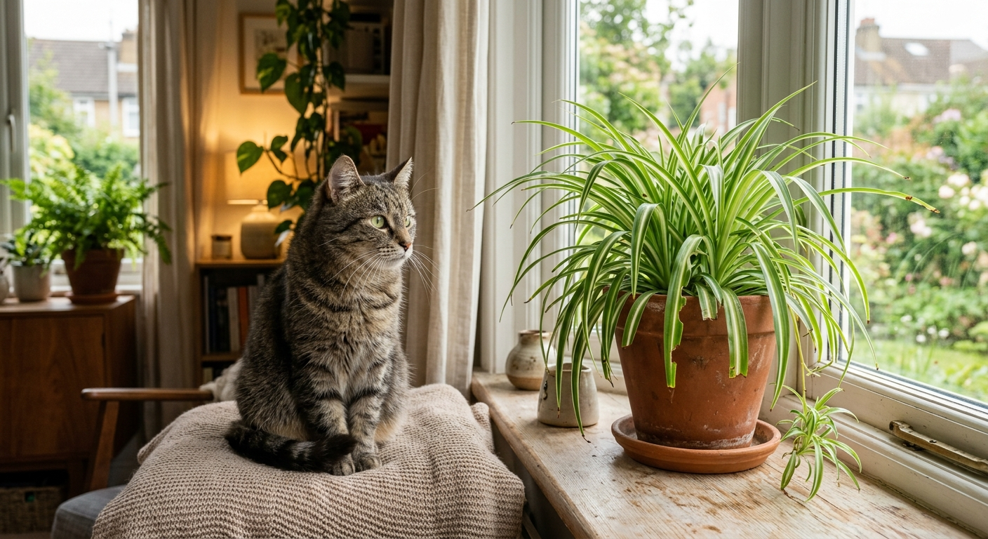 Kot siedzący obok zielistki (chlorophytum) na parapecie, liście lekko pogryzione, jasne, przytulne wnętrze