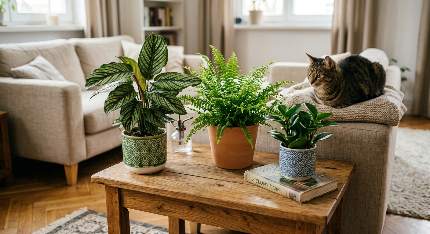 Kompozycja kilku bezpiecznych dla kota roślin — calathea, paproć, peperomia — na drewnianym stoliku, w tle kot obserwujący z sofy