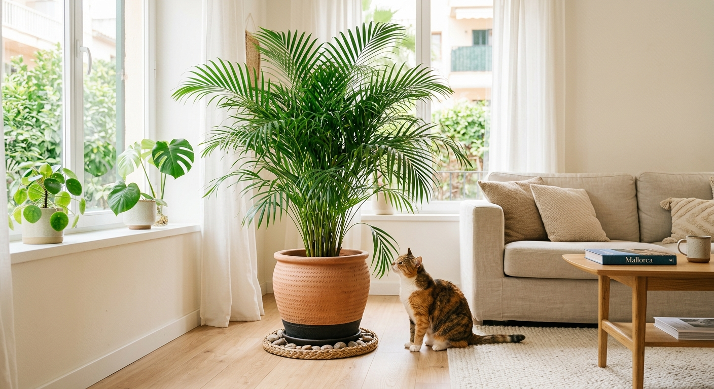 Palma Areka w dużej donicy, obok niej kot wąchający dolne liście, jasny salon