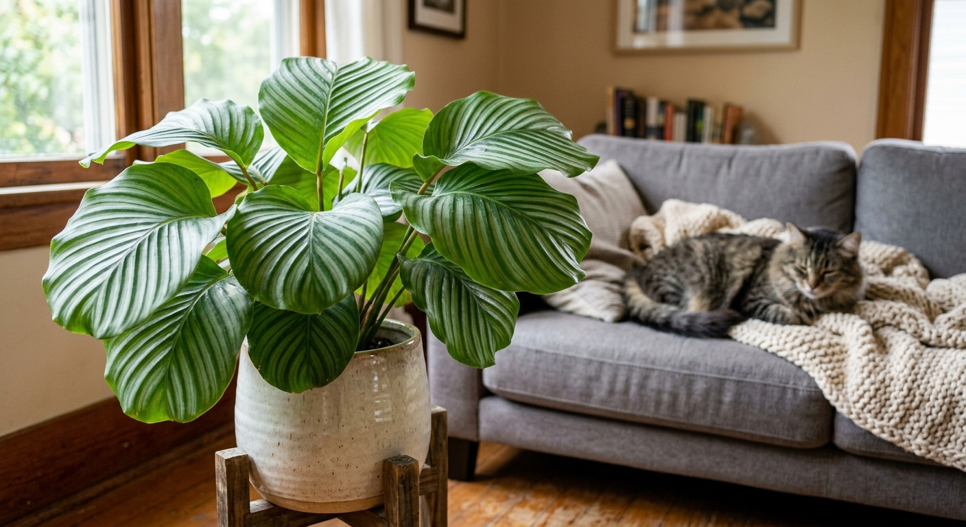 Calathea orbifolia z dużymi, srebrzystymi liśćmi, w tle kot leżący na kanapie
