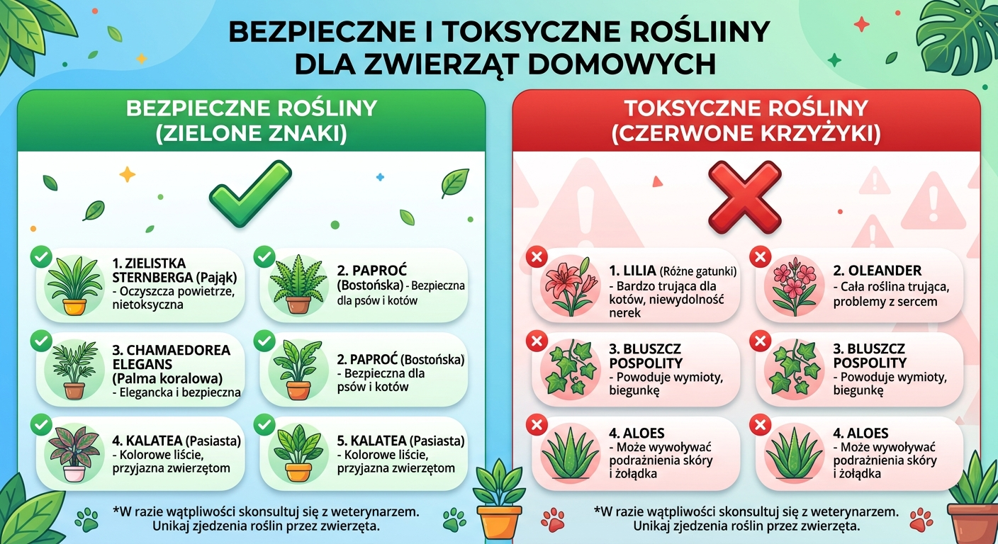 Infografika z ikonami: po lewej zielone checkmarki z bezpiecznymi roślinami, po prawej czerwone krzyżyki z toksycznymi