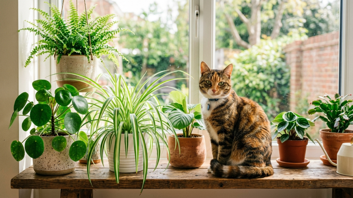 Kot siedzący obok bezpiecznych roślin doniczkowych
