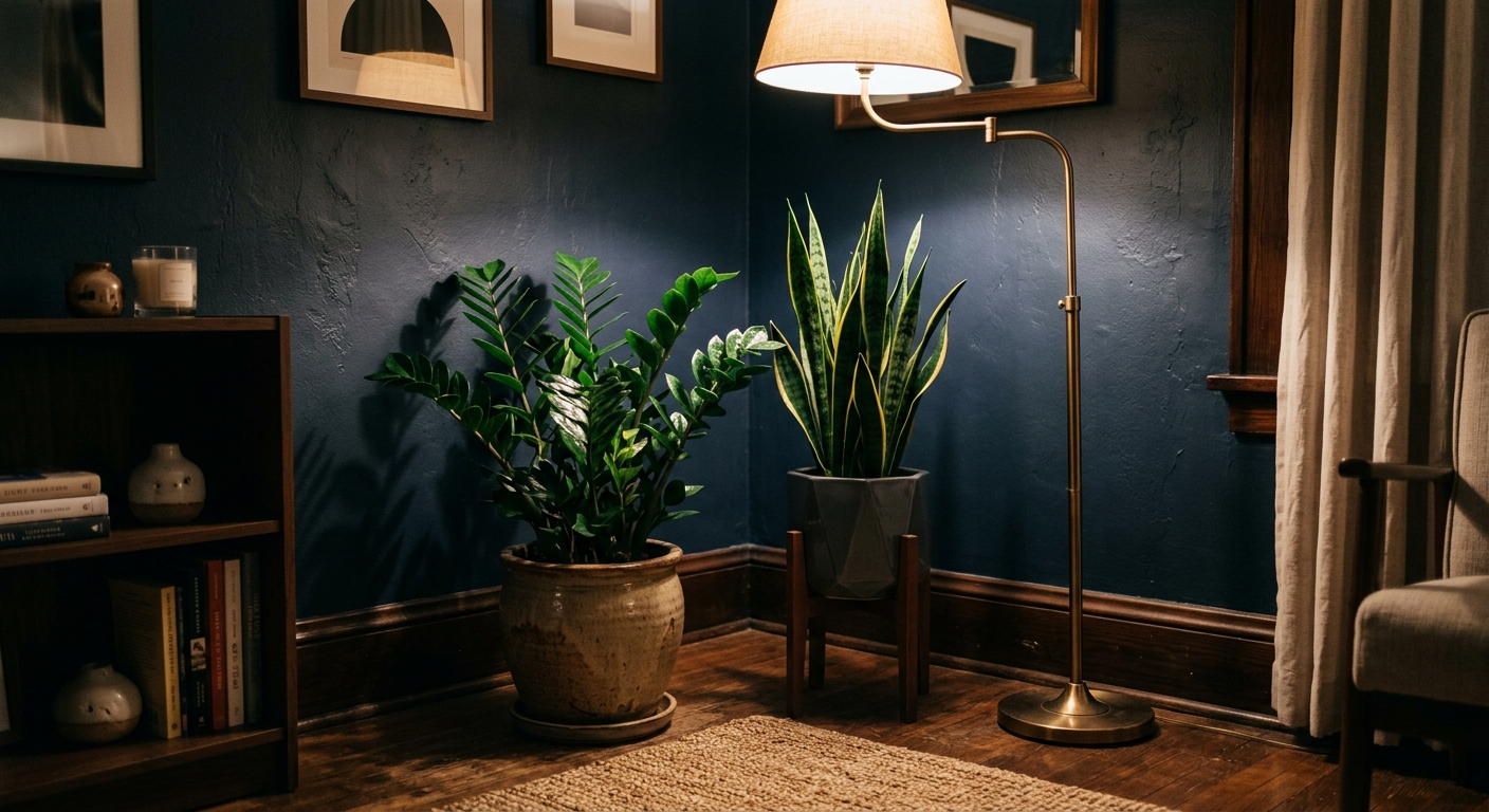 Ciemny kąt pokoju z zamiokulkasem i sansewierią w ceramicznych donicach, miękkie oświetlenie z lampy stojącej
