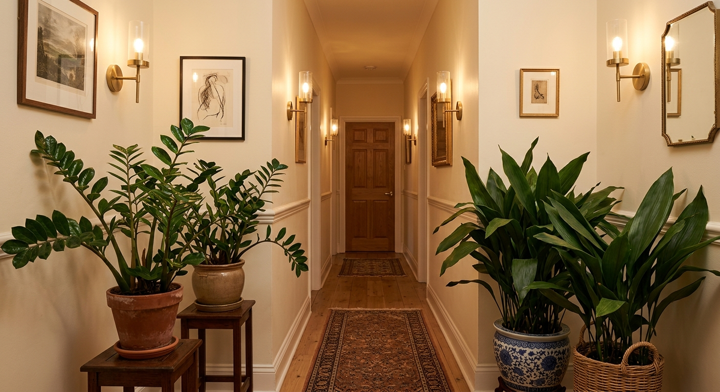 Korytarz z zamiokulkasem i aspidistrą po obu stronach, delikatne oświetlenie z kinkietów