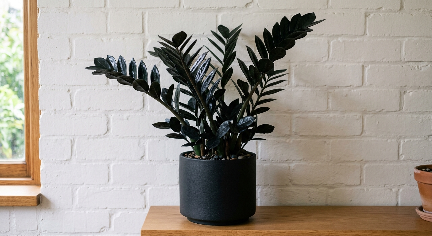 Zamiokulkas Raven z ciemnymi, lśniącymi liśćmi w matowej czarnej donicy na tle białej ściany