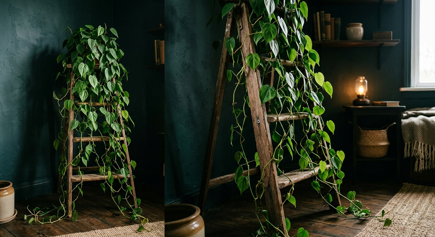 Filodendron pnący na drewnianej drabince w ciemnym kącie pokoju, długie pędy opadające po bokach