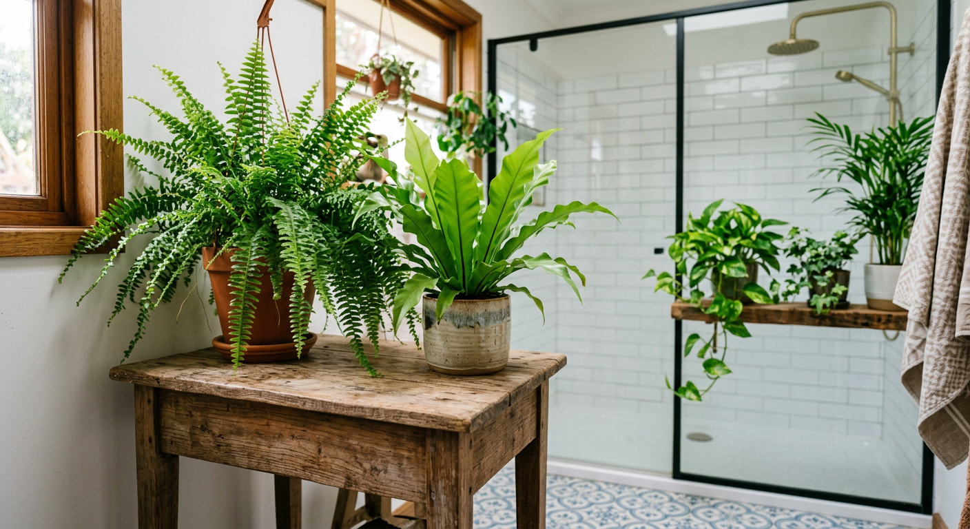 Paproć bostońska i zanokcica gniazdowa na drewnianym stoliku w łazience, w tle prysznic z roślinami na półce