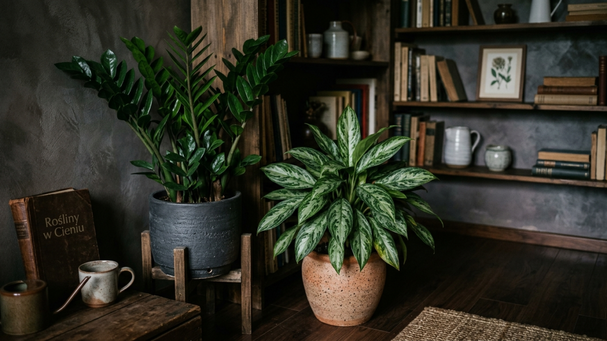 Rośliny doniczkowe do cienia — zamiokulkas i aglaonema w ciemnym kącie