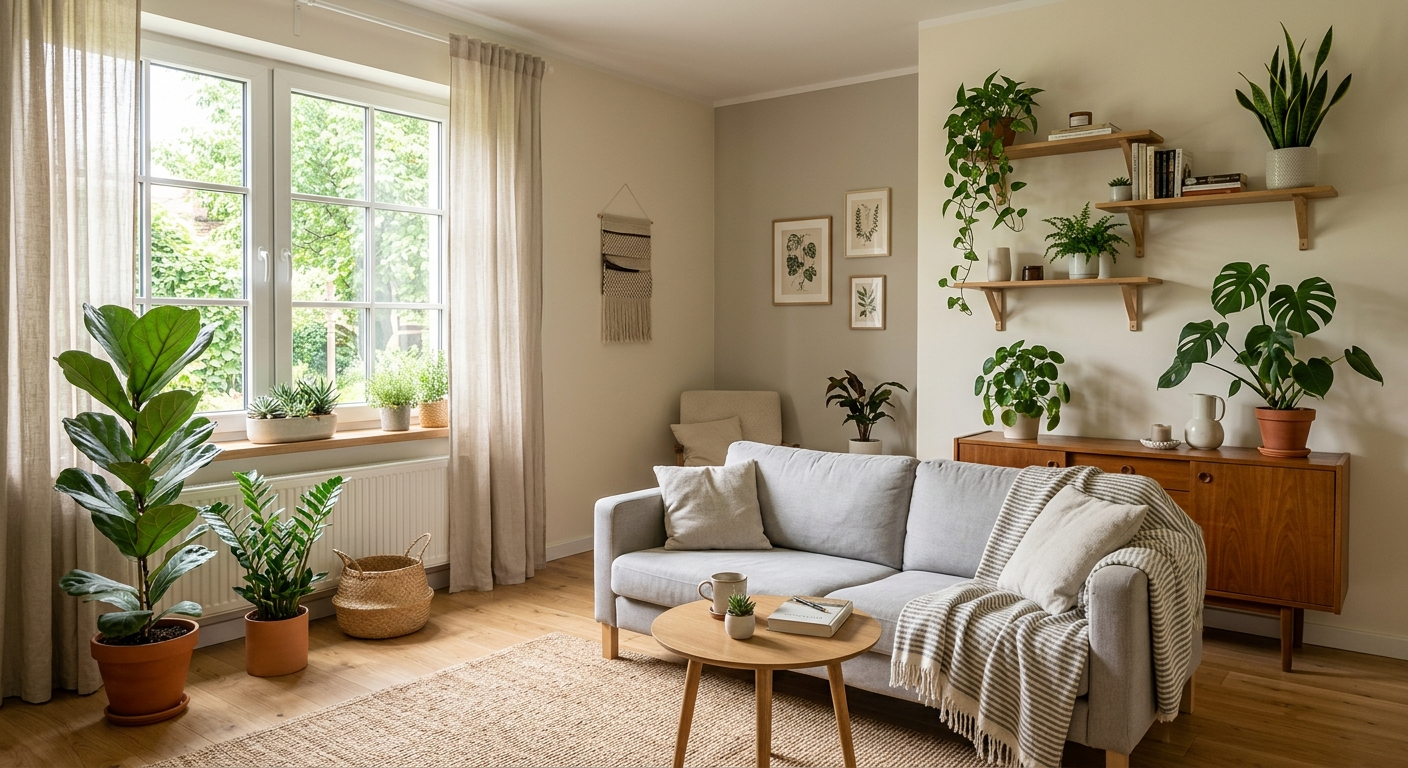 Jasny salon z kilkoma roślinami doniczkowymi na różnych poziomach — na podłodze, komodzie i półkach. Naturalne światło, stonowane kolory wnętrza