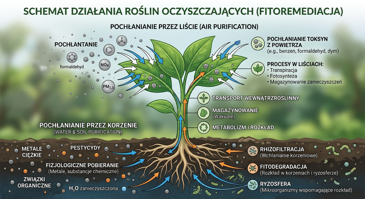 Infografika przedstawiająca schemat działania roślin oczyszczających — strzałki pokazujące pochłanianie toksyn przez liście i korzenie