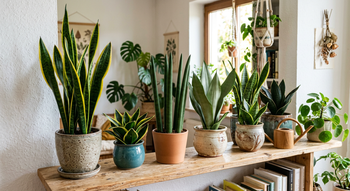 Kilka odmian sansewierii w ceramicznych donicach — od klasycznej zielono-żółtej po ciemnozieloną cylindryczną