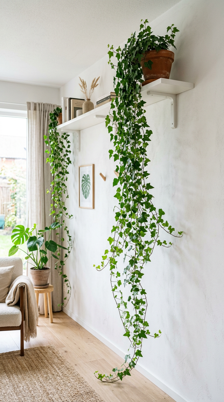 Bluszcz zwisający z wysokiej półki w jasnym pomieszczeniu, długie pędy opadające wzdłuż białej ściany