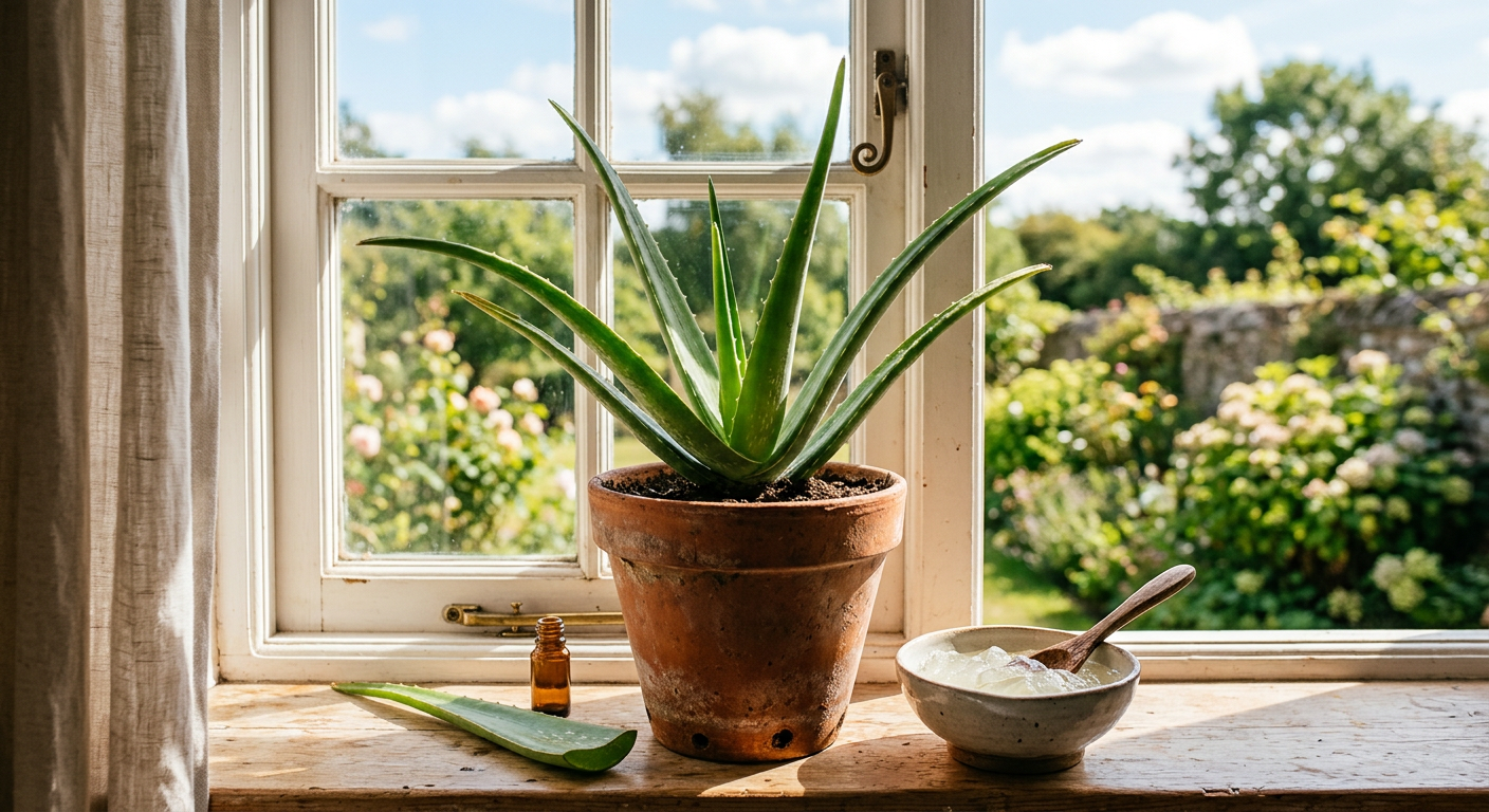 Aloes vera w terakotowej donicy na słonecznym parapecie, obok niego mała miseczka z żelem aloesowym