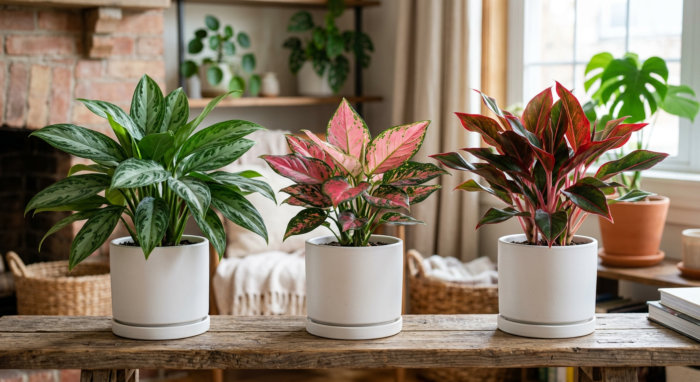 Kolekcja trzech aglaonema w różnych kolorach — zielono-srebrna, różowa i czerwona — w białych ceramicznych donicach