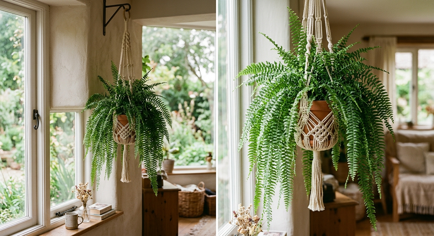 Paproć bostońska w wiszącej makramie przy oknie, długie liście opadające kaskadowo