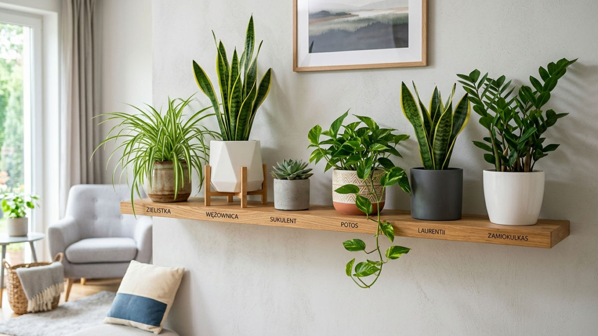 Rośliny oczyszczające powietrze ustawione na nowoczesnej półce