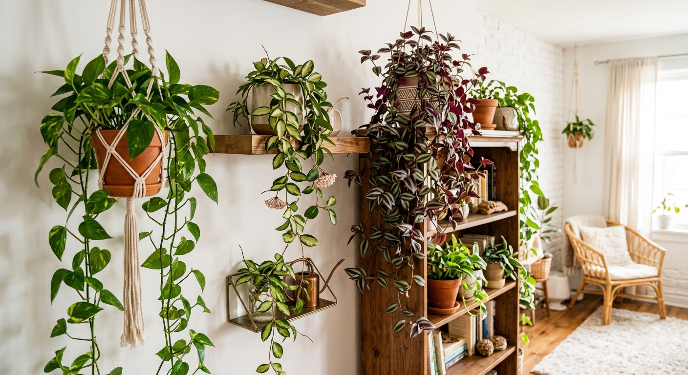 Jasny pokój z kilkoma roślinami zwisającymi na różnych wysokościach — na półkach, w makramach, na regale. Epipremnum, hoya, tradeskancja
