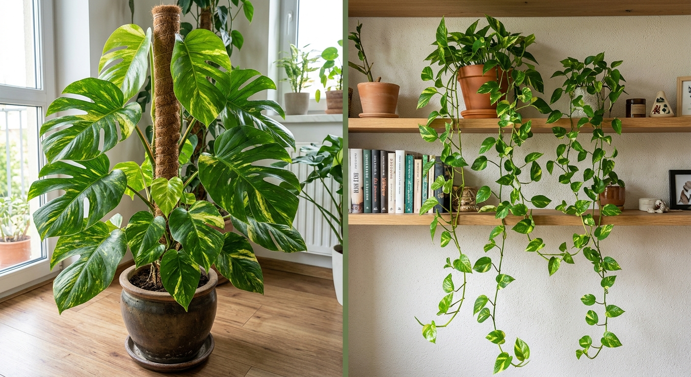 Epipremnum aureum na paliku kokosowym z dużymi liśćmi vs ta sama odmiana zwisająca z półki z mniejszymi liśćmi — porównanie side by side