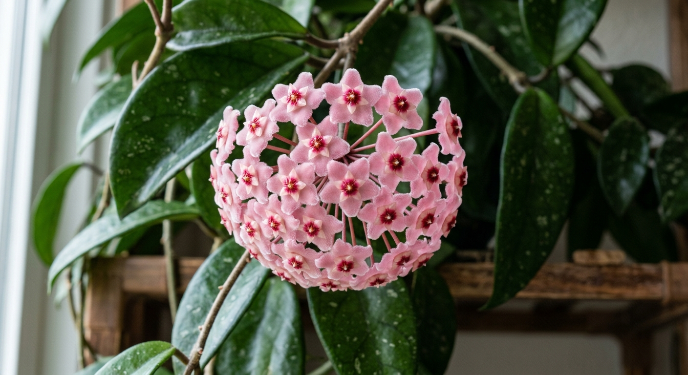 Hoya carnosa w kwitnieniu — zbliżenie na porcelanowe, różowe kwiaty w formie parasola, na tle ciemnozielonych, woskowych liści